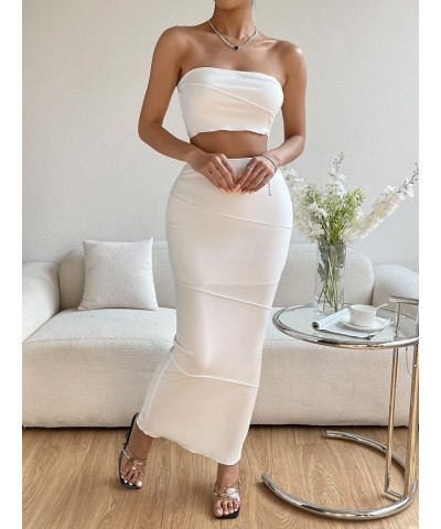 Women's 2 Piece Outfit Sleeveless Tube Top and Long Bodycon Maxi Skirt Sets White $17.04 Suits