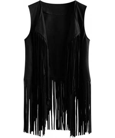 Women's Tassel Sleeveless Vest 70s Open-Front Vintage Tops Hippie Faux Suede Fringe Jacket Cardigan Black $7.00 Vests