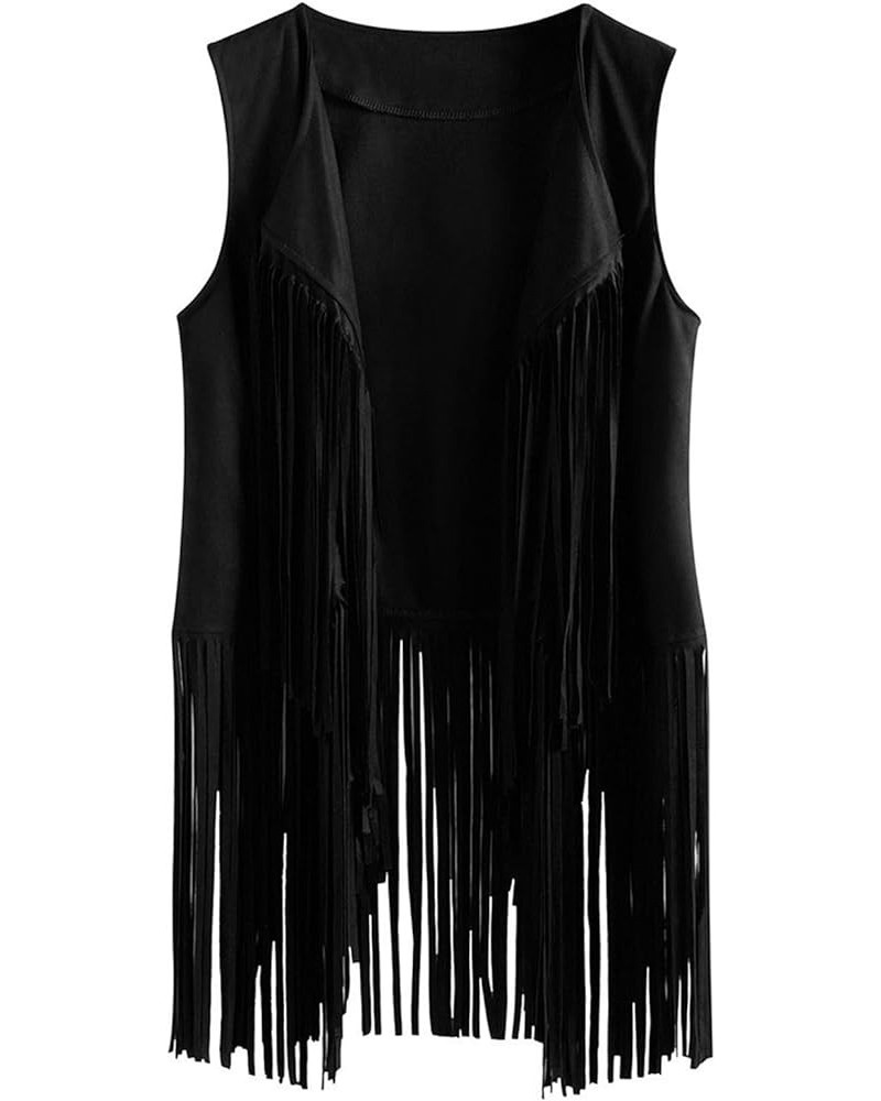 Women's Tassel Sleeveless Vest 70s Open-Front Vintage Tops Hippie Faux Suede Fringe Jacket Cardigan Black $7.00 Vests