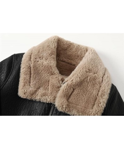 Fashion Faux Fur Coat Women Fur Collar Leather Jacket Warm Plush Thick Outerwear Winter Ladies Wool Coats Zipper Jackets Khak...