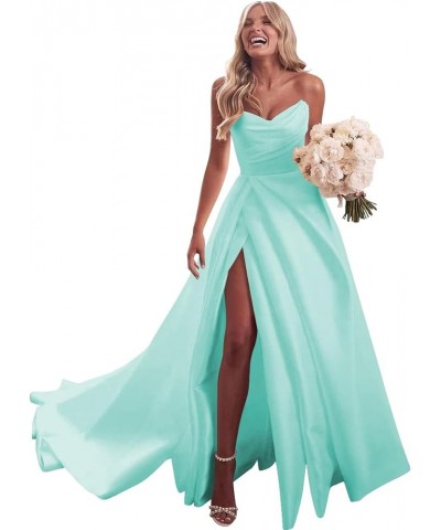 Strapless Satin Prom Dresses with Slit Long Pleats Formal Ball Gowns with Pockets YZTS074 Turquoise $33.75 Dresses