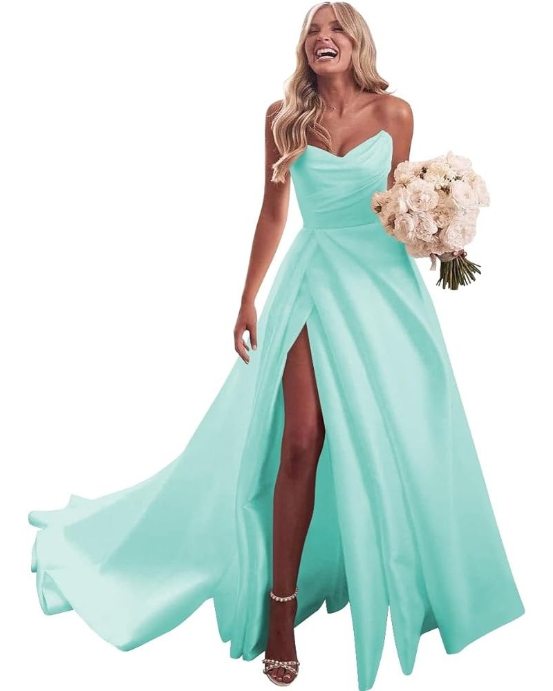 Strapless Satin Prom Dresses with Slit Long Pleats Formal Ball Gowns with Pockets YZTS074 Turquoise $33.75 Dresses