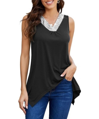 Women's Cotton Sleeveless Crew Neck Tunic Tank High Low Top Blouse Loose Fit Sequin-black $7.50 Tops