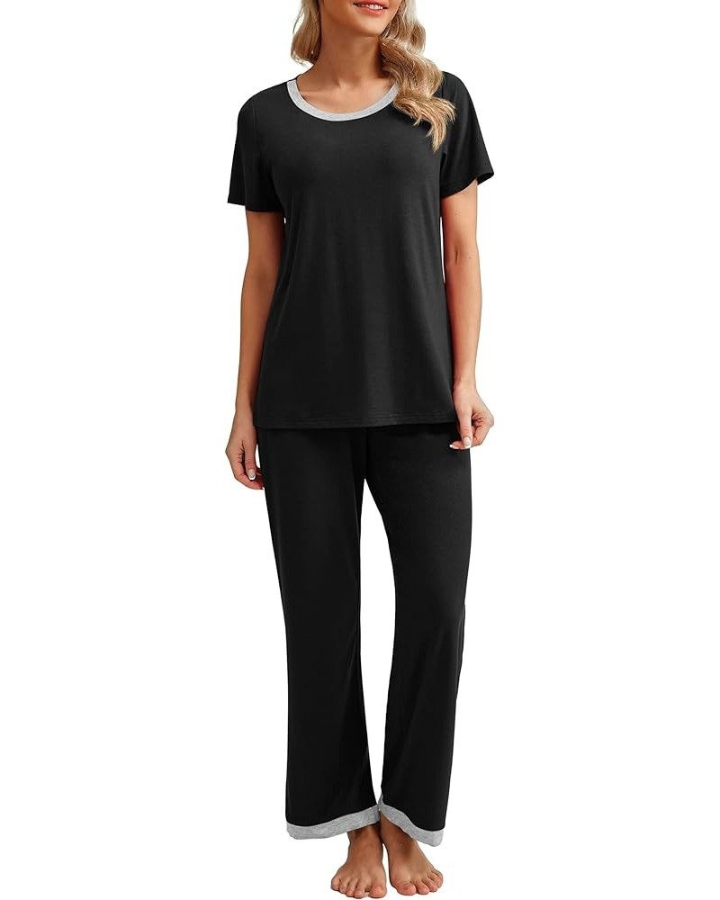 2024 Womens Pajama Set Short Sleeve Sleepwear Ladies Soft Pjs Lounge Set with Pockets Black $11.25 Sleep & Lounge