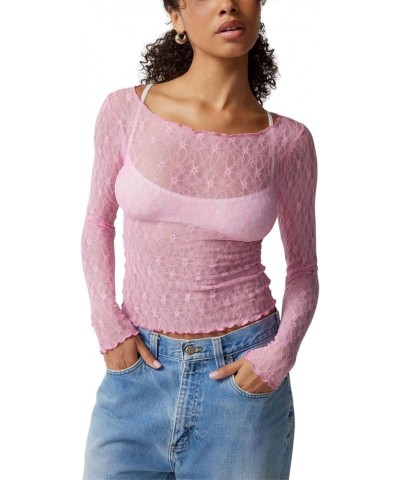 Women's Y2k Long Sleeve Lace Sheer Tops Slim Fit See Through Mesh Crop Going Out Top Sexy Perspective Shirt B-pink $7.79 Blouses