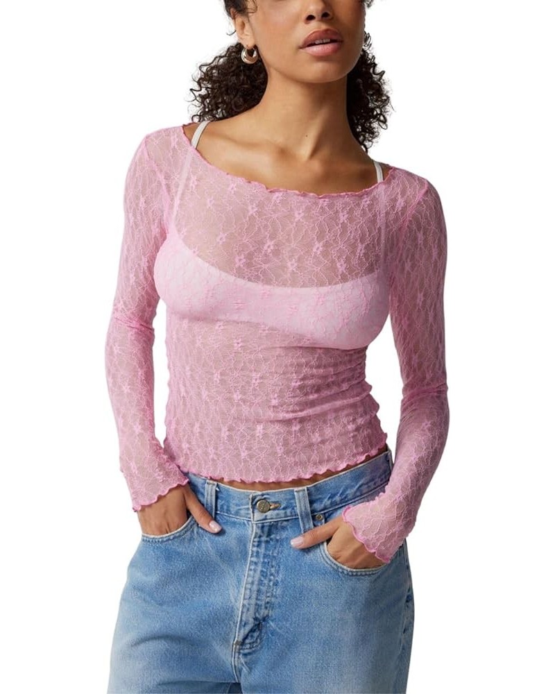 Women's Y2k Long Sleeve Lace Sheer Tops Slim Fit See Through Mesh Crop Going Out Top Sexy Perspective Shirt B-pink $7.79 Blouses