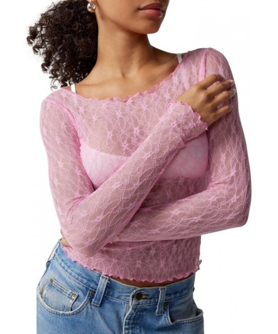 Women's Y2k Long Sleeve Lace Sheer Tops Slim Fit See Through Mesh Crop Going Out Top Sexy Perspective Shirt B-pink $7.79 Blouses