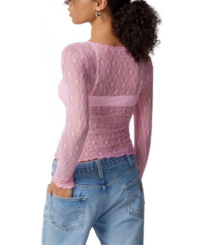 Women's Y2k Long Sleeve Lace Sheer Tops Slim Fit See Through Mesh Crop Going Out Top Sexy Perspective Shirt B-pink $7.79 Blouses