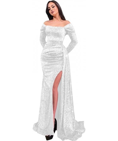 Women's Off The Shoulder Prom Dresses with Slit Sequins Long Sleeves Mermaid Formal Gowns and Evening Dresses White $41.65 Dr...