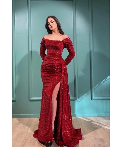 Women's Off The Shoulder Prom Dresses with Slit Sequins Long Sleeves Mermaid Formal Gowns and Evening Dresses White $41.65 Dr...