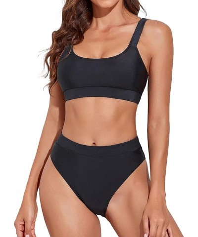 Women Two Piece High Waisted Bikini Swimsuits with Bottoms Teen Scoop Neck Sport Bathing Suits Black $19.94 Swimsuits