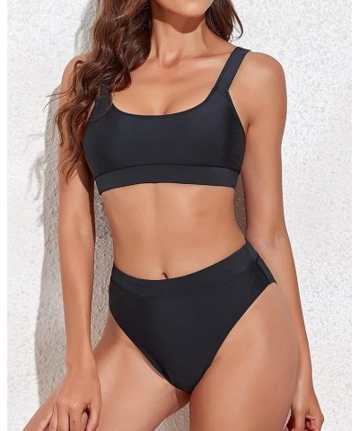 Women Two Piece High Waisted Bikini Swimsuits with Bottoms Teen Scoop Neck Sport Bathing Suits Black $19.94 Swimsuits