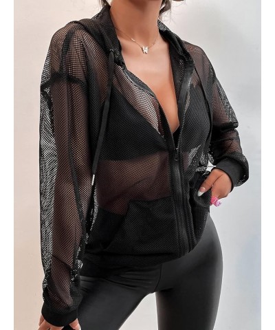 Women's Zip Up Athletic Hoodies Fishnet Jacket Mesh Lightweight Workout Track Jackets Pure Black $16.73 Jackets