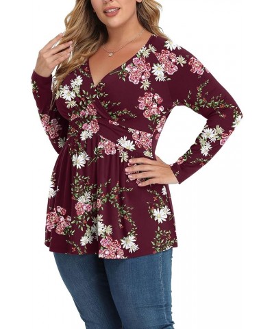 Women Plus Size Shirt Long Sleeve Floral Print Tops Pleated Casual V Neck Tunic Top F Crape Myrtle Wine $12.60 Tops