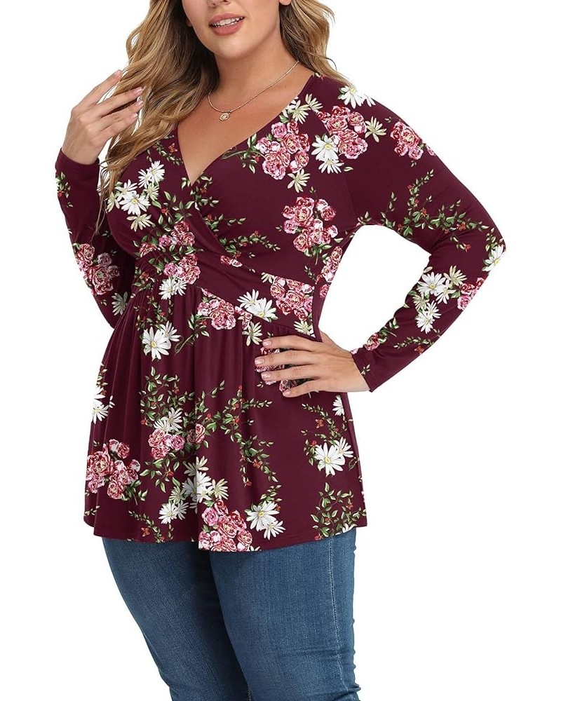 Women Plus Size Shirt Long Sleeve Floral Print Tops Pleated Casual V Neck Tunic Top F Crape Myrtle Wine $12.60 Tops