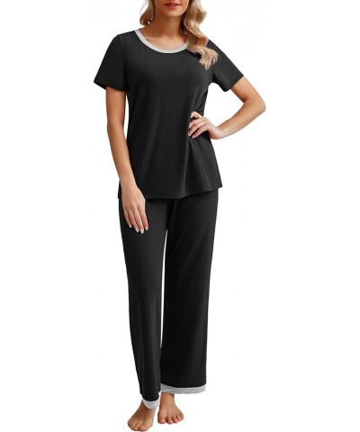 2024 Womens Pajama Set Short Sleeve Sleepwear Ladies Soft Pjs Lounge Set with Pockets Black $11.25 Sleep & Lounge