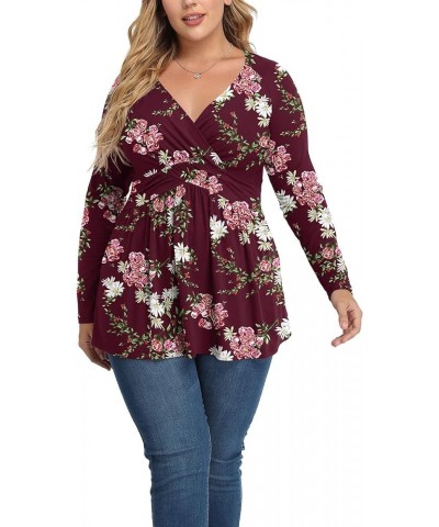 Women Plus Size Shirt Long Sleeve Floral Print Tops Pleated Casual V Neck Tunic Top F Crape Myrtle Wine $12.60 Tops