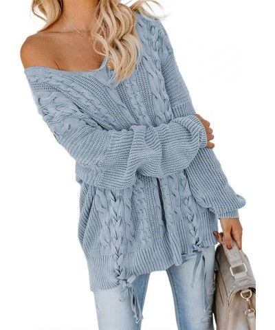 Women's Oversized Off Shoulder Cable Knit V Neck Chunky Long Sleeve Sweaters Pullover Loose Fitting Jumper Tops Sky Blue $20....