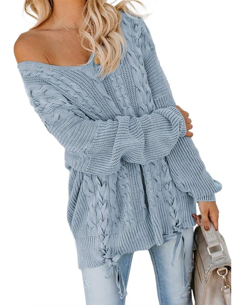 Women's Oversized Off Shoulder Cable Knit V Neck Chunky Long Sleeve Sweaters Pullover Loose Fitting Jumper Tops Sky Blue $20....