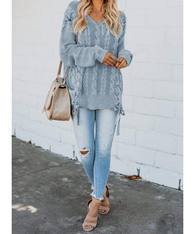 Women's Oversized Off Shoulder Cable Knit V Neck Chunky Long Sleeve Sweaters Pullover Loose Fitting Jumper Tops Sky Blue $20....