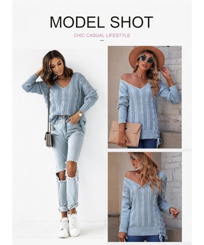 Women's Oversized Off Shoulder Cable Knit V Neck Chunky Long Sleeve Sweaters Pullover Loose Fitting Jumper Tops Sky Blue $20....