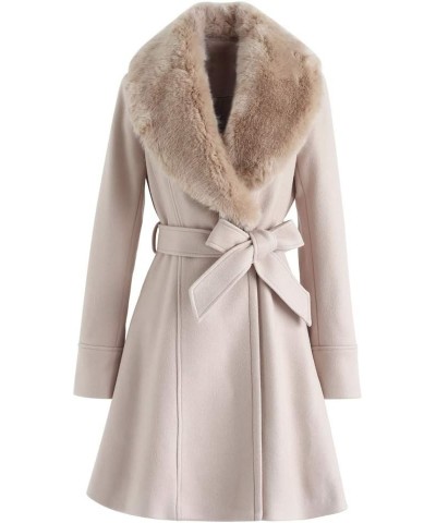 Women's Taupe/Nude Pink/Black Faux Fur Wide Lapel Turn Down Shawl Collar Belted Flare Wool Blend Coat Nude Pink $46.50 Coats