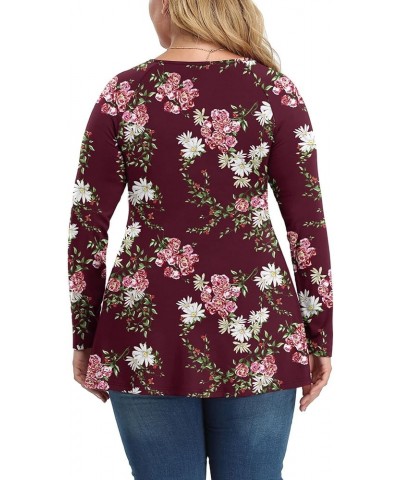 Women Plus Size Shirt Long Sleeve Floral Print Tops Pleated Casual V Neck Tunic Top F Crape Myrtle Wine $12.60 Tops