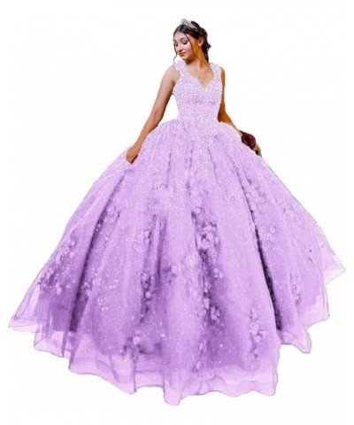 Woman's V-Neck Quinceanera Dresses Ball Gown Sparkly Tulle 3D Flower Applique Sweet 15 16 Dresses Prom Party Dresses Lilac $4...