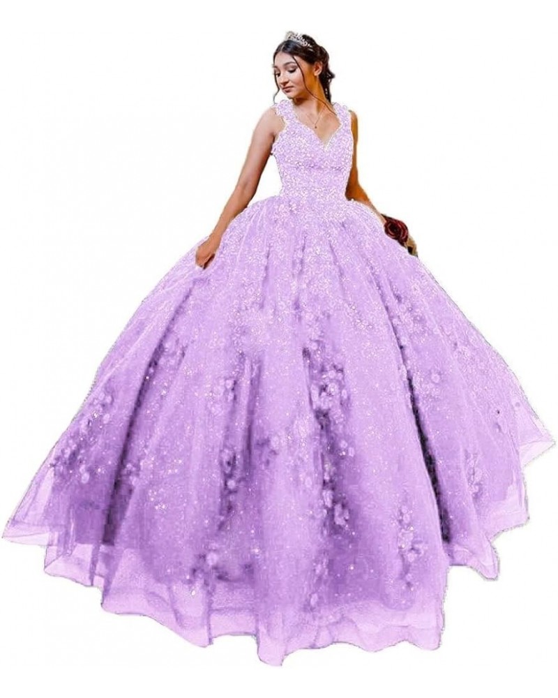 Woman's V-Neck Quinceanera Dresses Ball Gown Sparkly Tulle 3D Flower Applique Sweet 15 16 Dresses Prom Party Dresses Lilac $4...