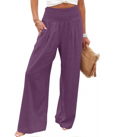 Linen Pants for Women 2023 Plus Size Solid Trousers Baggy Wide Leg Pants Elastic Waisted Lounge Pants with Pockets A05-purple...