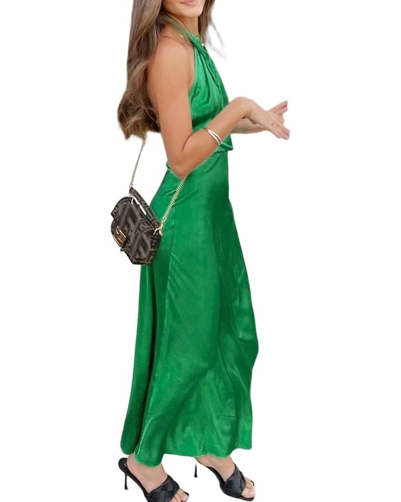 Women Elegant Satin Long Dress Halter Maxi Cocktail Dress Backless Spaghetti Strap Split Formal Dresses Party C Halter Green ...