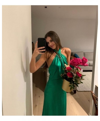 Women Elegant Satin Long Dress Halter Maxi Cocktail Dress Backless Spaghetti Strap Split Formal Dresses Party C Halter Green ...