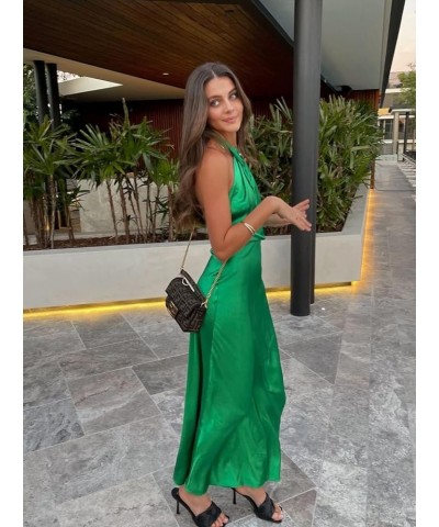 Women Elegant Satin Long Dress Halter Maxi Cocktail Dress Backless Spaghetti Strap Split Formal Dresses Party C Halter Green ...