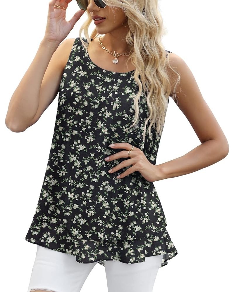 Women's Sleeveless Chiffon Tank Top Double Layers Casual Blouse Tunic Flower Rose Black $13.12 Tanks