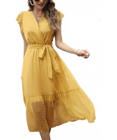 Women's Summer Floral Printed Wrap V Neck Cap Sleeve Beach Pleated Hem Party Midi Dress S-2XL B-swiss Dot Yellow $10.29 Dresses