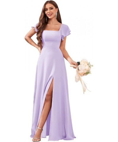 Women's Short Sleeve Bridesmaid Dresses for Wedding Empire Waist A Line Chiffon Long Formal Dresses with Slit Lilac $25.30 Dr...