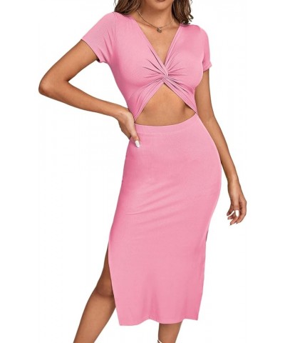 Women's Twist Front Cut Out Split Hem V Neck Short Sleeve Knit Bodycon Midi Dress Pink $16.00 Dresses