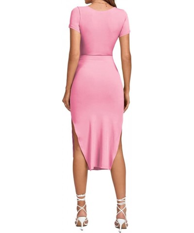 Women's Twist Front Cut Out Split Hem V Neck Short Sleeve Knit Bodycon Midi Dress Pink $16.00 Dresses