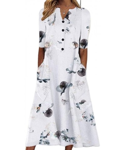 Summer Dresses for Women 2024 Vacation Button V Neck 3/4 Sleeves Floral Print Smocked Ruffle Flowy Casual Dress White 2 $12.7...