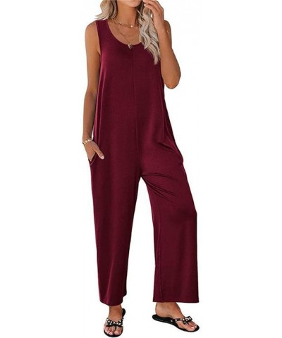 Women's Causal Jumpsuits Sleeveless Scoop Neck Romper Loose Fit Onesie Straight Wide Leg Pants Overalls with Pockets Wine Red...