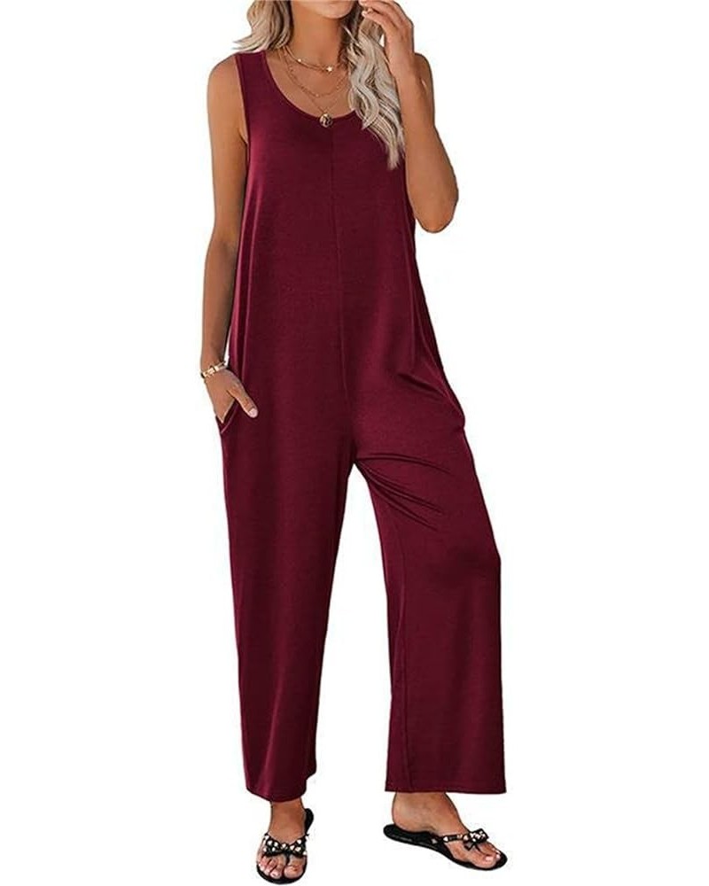 Women's Causal Jumpsuits Sleeveless Scoop Neck Romper Loose Fit Onesie Straight Wide Leg Pants Overalls with Pockets Wine Red...