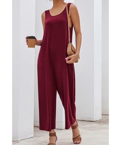 Women's Causal Jumpsuits Sleeveless Scoop Neck Romper Loose Fit Onesie Straight Wide Leg Pants Overalls with Pockets Wine Red...