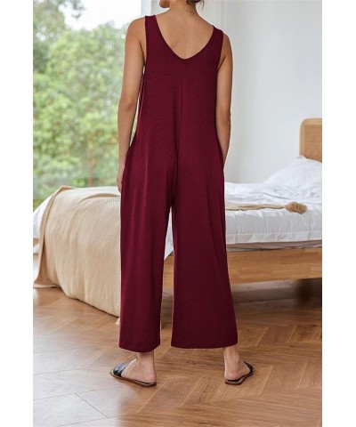 Women's Causal Jumpsuits Sleeveless Scoop Neck Romper Loose Fit Onesie Straight Wide Leg Pants Overalls with Pockets Wine Red...