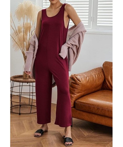 Women's Causal Jumpsuits Sleeveless Scoop Neck Romper Loose Fit Onesie Straight Wide Leg Pants Overalls with Pockets Wine Red...