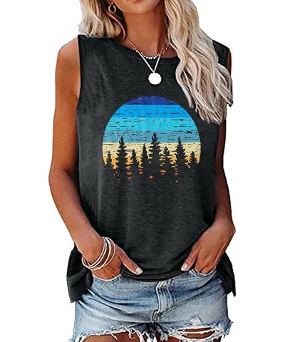 Sunset Tank Tops Women Pine Tree Retro Sun Tank Top Camping Shirts Vintage Graphic Tops Summer Sleeveless Tees Gray $10.00 Tanks