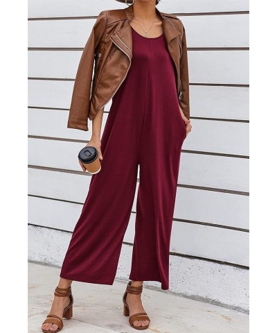 Women's Causal Jumpsuits Sleeveless Scoop Neck Romper Loose Fit Onesie Straight Wide Leg Pants Overalls with Pockets Wine Red...