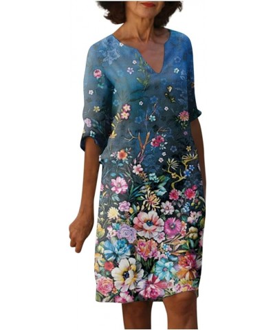 2023 Summer Dresses for Women Linen Floral Printed Dresses Solid Dress V Neck Dresses Casual Loose Dress with Pockets 39-dark...