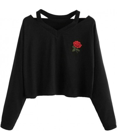 Women's Casual Floral Rose Print Long Sleeve Crop Tops Teen Girls Tops Sweatshirt Blouse Shirts Black $11.19 Hoodies & Sweats...