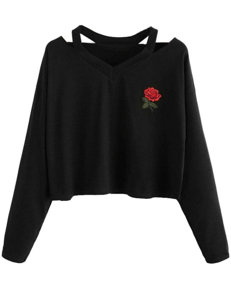 Women's Casual Floral Rose Print Long Sleeve Crop Tops Teen Girls Tops Sweatshirt Blouse Shirts Black $11.19 Hoodies & Sweats...