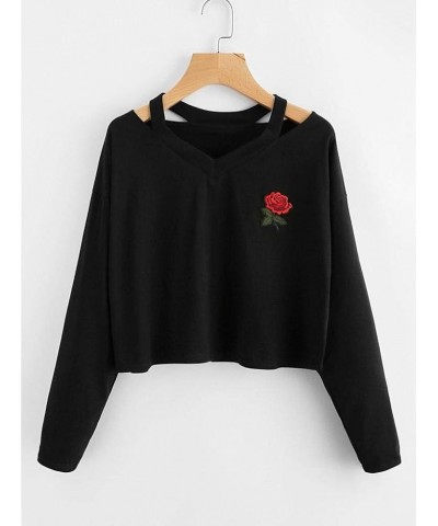 Women's Casual Floral Rose Print Long Sleeve Crop Tops Teen Girls Tops Sweatshirt Blouse Shirts Black $11.19 Hoodies & Sweats...